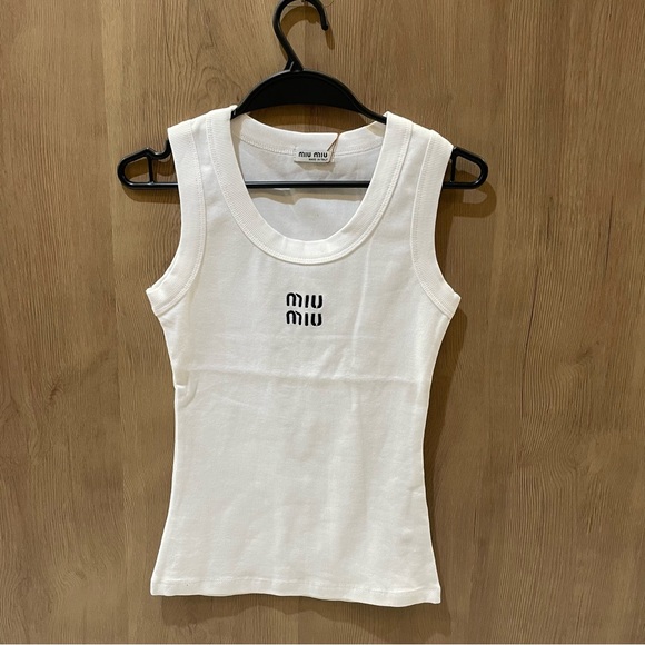 Miu Miu Tops - Miu Miu White Ribbed Logo Tank